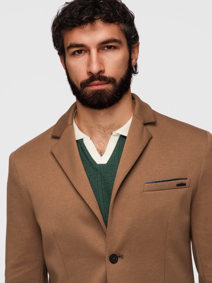 Pánské pletené slim fit sako s klasickými klopami a náprsní kapsou, hnědé – fotografie produktu 3