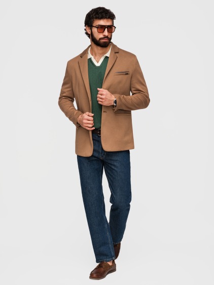 Pánské pletené slim fit sako s klasickými klopami a náprsní kapsou, hnědé – fotografie produktu 5