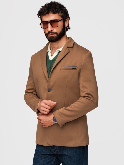 Pánské pletené slim fit sako s klasickými klopami a náprsní kapsou, hnědé – fotografie produktu 7