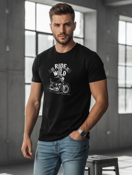 Pánske voľnočasové klasické tričko s motocyklovou potlačou Ride The Wild, čierna