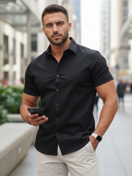 Férfi elegáns rövid ujjú slim fit ing, fekete