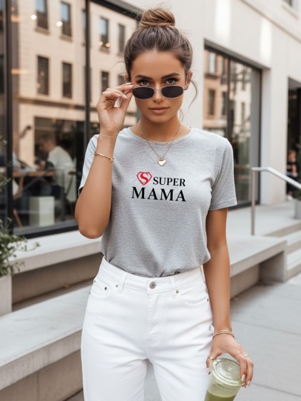 Női klasszikus póló Super Mama felirattal, világosszürke
