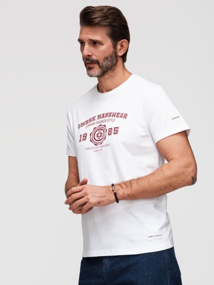 Férfi regular fit póló rövid ujjal és egyetemi stílusú mintával, fehér – fotografie produktu 5