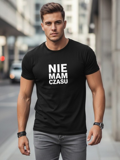 Pánske voľnočasové klasické tričko s krátkym rukávom a bielym nápisom, čierna