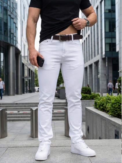 Pánské slim fit džíny s páskem, bílá