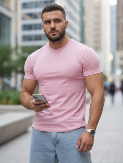 Pánské regular fit jednobarevné tričko s krátkým rukávem, růžová
