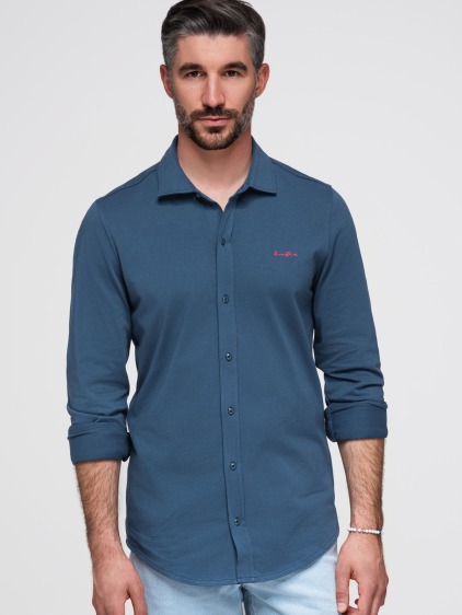 Férfi regular fit hosszú ujjú ing hímzéssel, kék – fotografie produktu 6