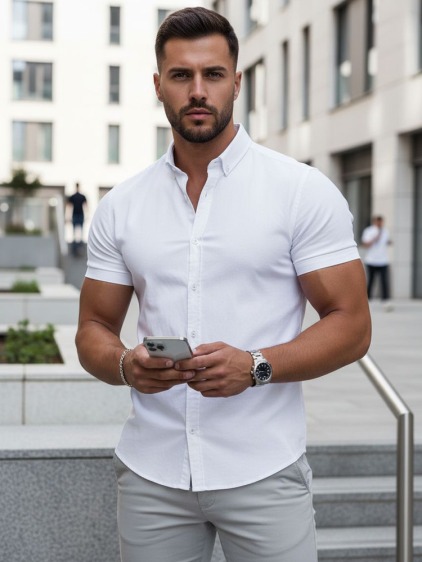 Férfi rövid ujjú regular fit ing button-down gallérral, fehér