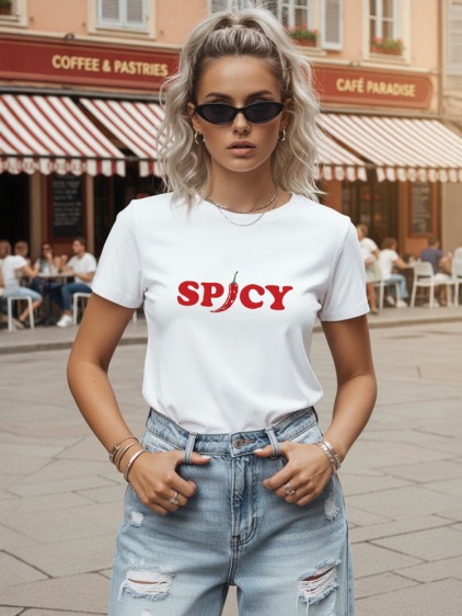 Dámské krátkorukávové klasické tričko s potiskem SPICY a chilli, bílá
