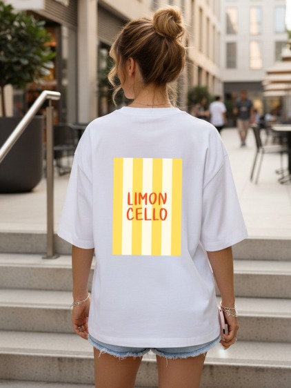 Női rövid ujjú oversize póló LIMON CELLO mintával, fehér