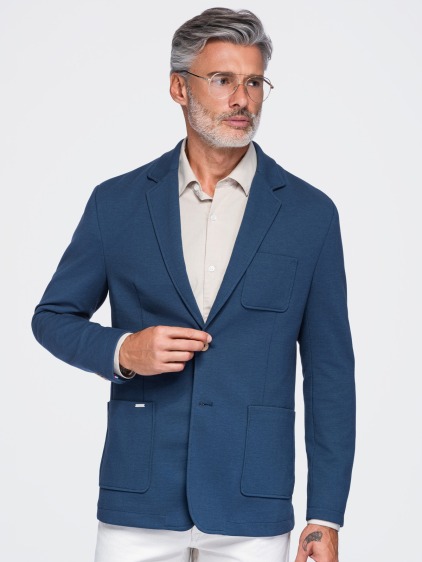 Pánské slim fit pletené sako se třemi předními kapsami, modré