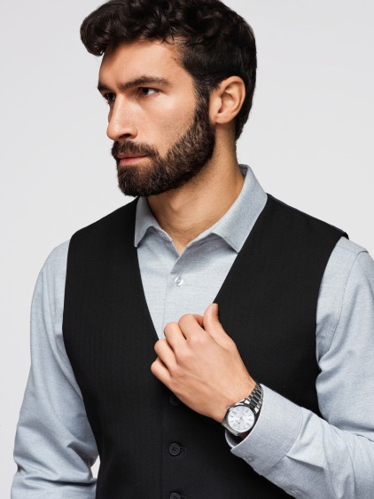 Férfi elegáns, slim fit mellény finom halszálkamintával, fekete – fotografie produktu 2