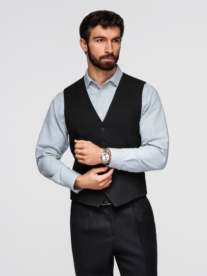 Férfi elegáns, slim fit mellény finom halszálkamintával, fekete – fotografie produktu 4