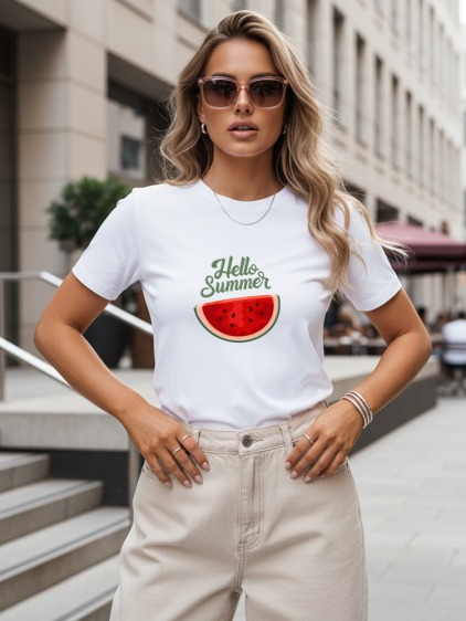 Női rövid ujjú klasszikus póló Hello Summer felirattal és görögdinnyés mintával, fehér