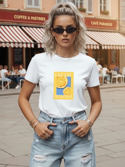 Női klasszikus póló citrusmintával, fehér