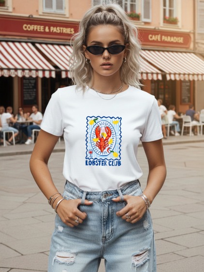 Dámské letní klasické tričko s krátkým rukávem a potiskem Lobster Club, bílé