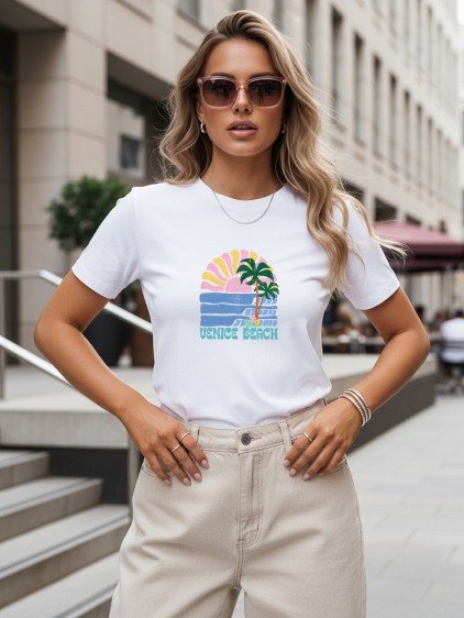Dámské letní klasické tričko s krátkým rukávem a potiskem Venice Beach, bílé
