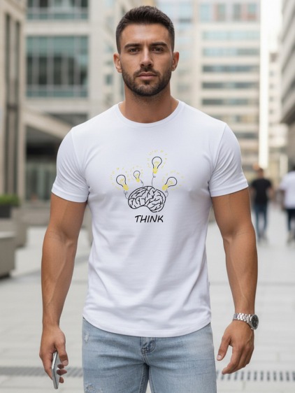 Férfi klasszikus rövid ujjú póló THINK feliratos mintával, fehér