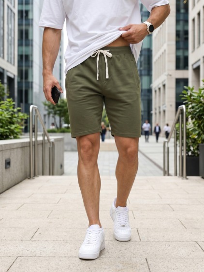 Férfi nyári melegítő rövidnadrág zsinórral, khaki