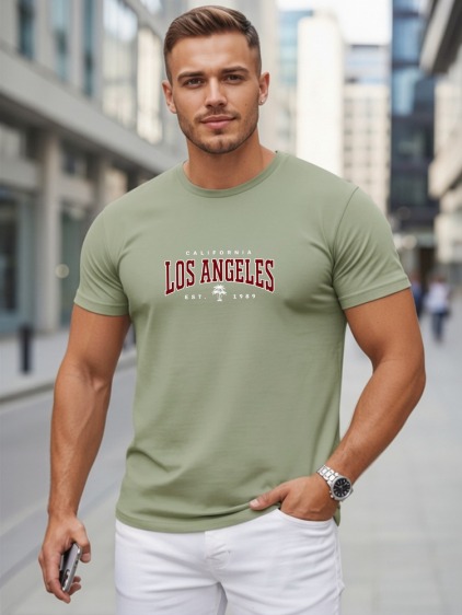 Férfi hétköznapi klasszikus póló kerek nyakkivágással és Los Angeles mintával, zöld