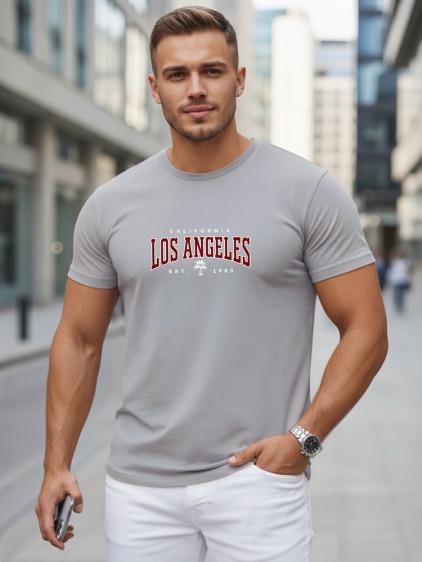 Férfi hétköznapi klasszikus póló kerek nyakkivágással és Los Angeles mintával, világosszürke