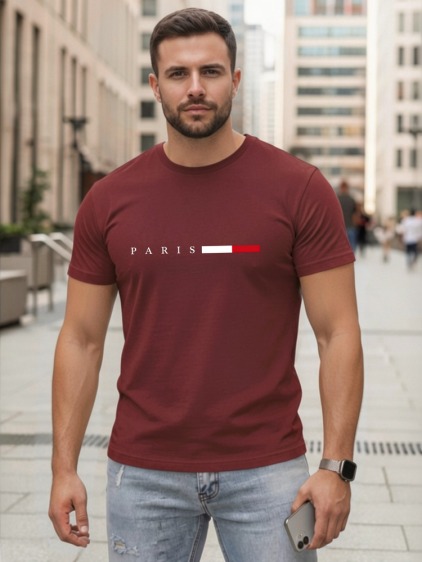 Férfi hétköznapi klasszikus póló kerek nyakkivágással és PARIS felirattal, bordó
