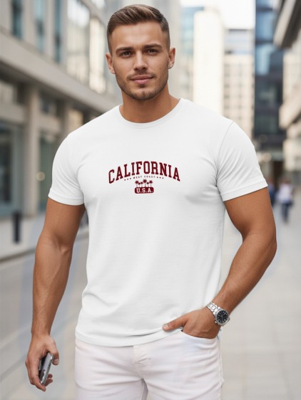 Férfi klasszikus rövid ujjú póló California mintával, fehér