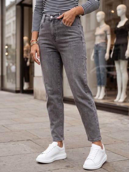 Dámské mom fit džíny s pružným zadním pasem, světle šedá