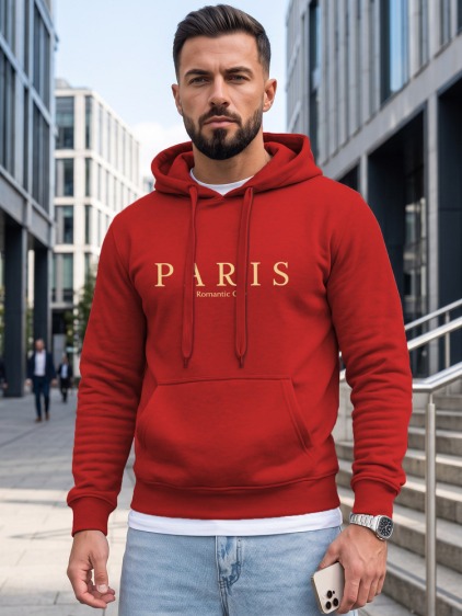 Férfi hétköznapi, bebújós kapucnis pulóver PARIS felirattal, piros