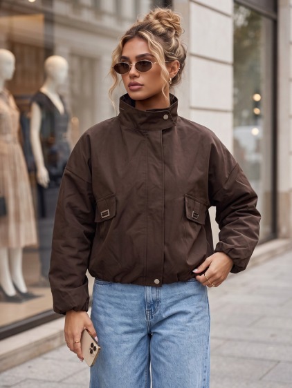 Dámská přechodová volná bomber bunda se stojáčkem, hnědá