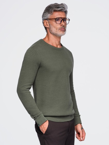 Pánsky regular fit štruktúrovaný sveter s okrúhlym výstrihom, olivová – fotografie produktu 4