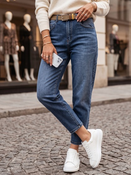 Dámské vysokopasé džíny mom fit s páskem, modrá