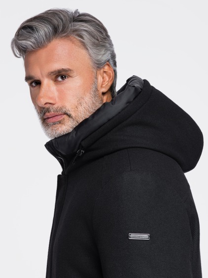 Férfi enyhén bélelt regular fit kapucnis kabát, fekete – fotografie produktu 4