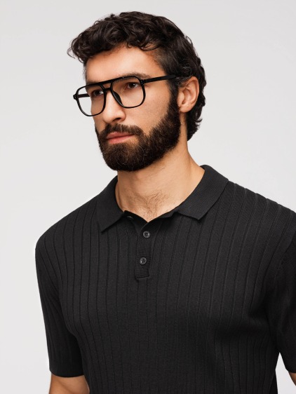 Férfi slim fit bordázott rövid ujjú pólóing, fekete – fotografie produktu 2