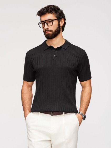 Férfi slim fit bordázott rövid ujjú pólóing, fekete – fotografie produktu 4