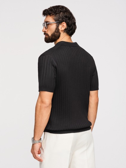 Férfi slim fit bordázott rövid ujjú pólóing, fekete – fotografie produktu 5