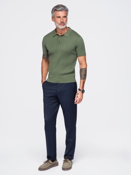 Férfi slim fit bordázott rövid ujjú pólóing, olívazöld