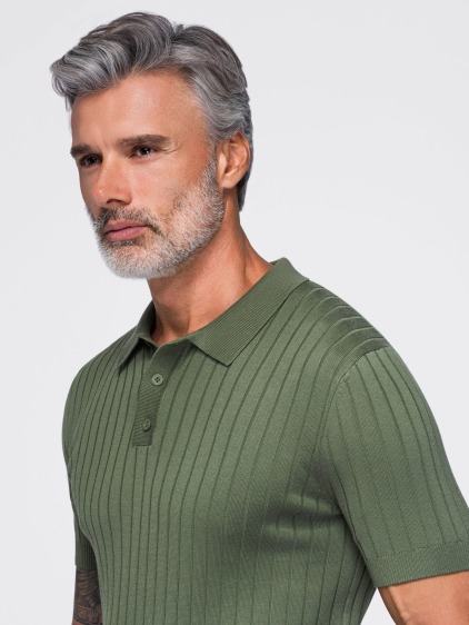 Férfi slim fit bordázott rövid ujjú pólóing, olívazöld – fotografie produktu 2