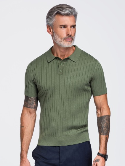 Férfi slim fit bordázott rövid ujjú pólóing, olívazöld – fotografie produktu 3