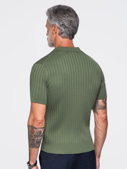 Férfi slim fit bordázott rövid ujjú pólóing, olívazöld – fotografie produktu 4