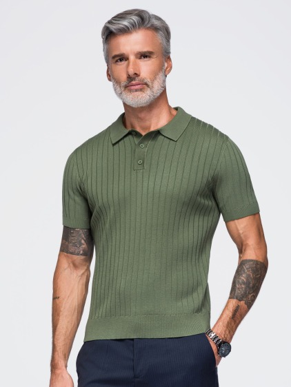Férfi slim fit bordázott rövid ujjú pólóing, olívazöld – fotografie produktu 5