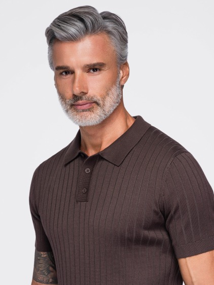 Férfi slim fit bordázott rövid ujjú pólóing, barna – fotografie produktu 2
