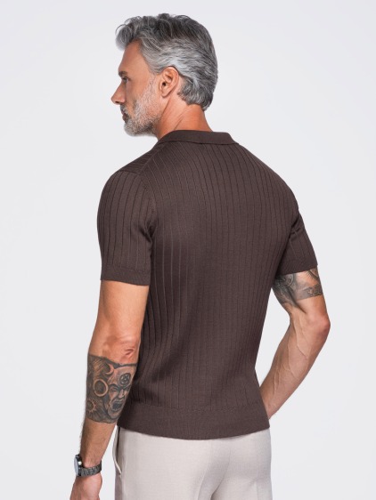 Férfi slim fit bordázott rövid ujjú pólóing, barna – fotografie produktu 3