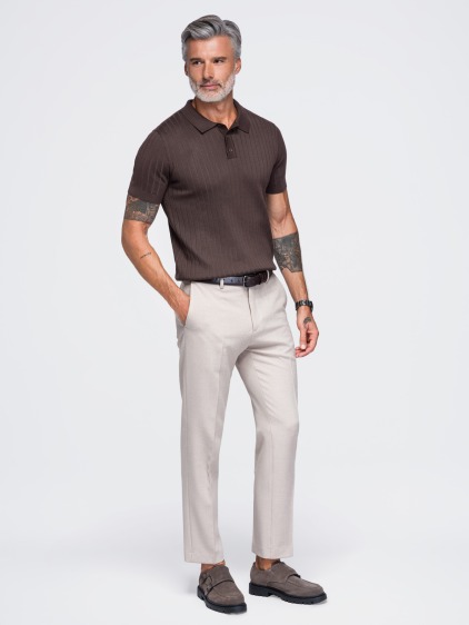 Férfi slim fit bordázott rövid ujjú pólóing, barna – fotografie produktu 4