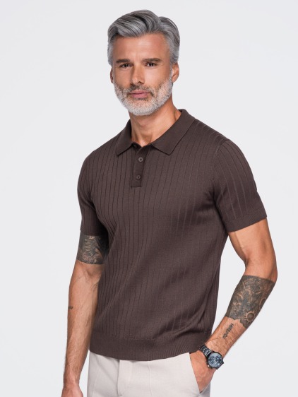 Férfi slim fit bordázott rövid ujjú pólóing, barna – fotografie produktu 5