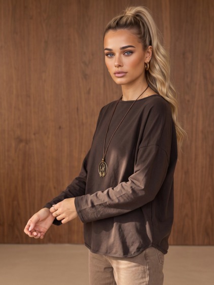 Dámská oversize halenka s dlouhým rukávem a přívěskem, hnědá