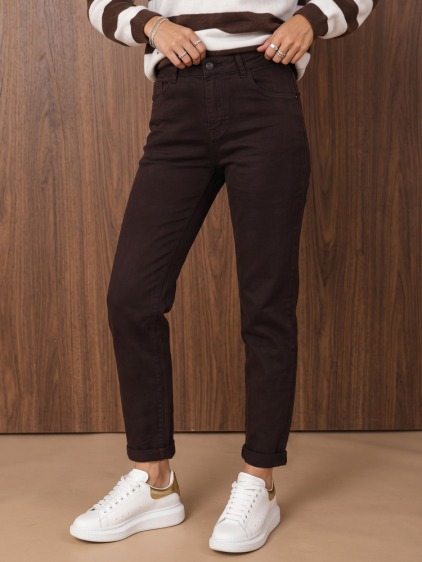 Dámské vysoké mom fit džíny se zužujícími se nohavicemi, Hnědá