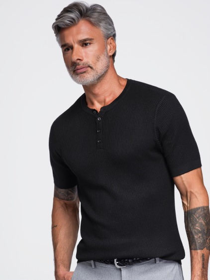 Férfi slim fit kötött Henley póló rövid ujjal és gombos pánttal, fekete