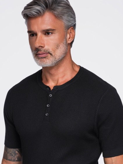 Férfi slim fit kötött Henley póló rövid ujjal és gombos pánttal, fekete – fotografie produktu 2