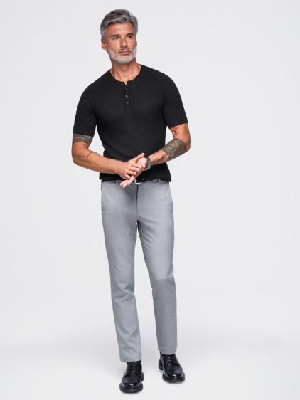 Férfi slim fit kötött Henley póló rövid ujjal és gombos pánttal, fekete – fotografie produktu 3